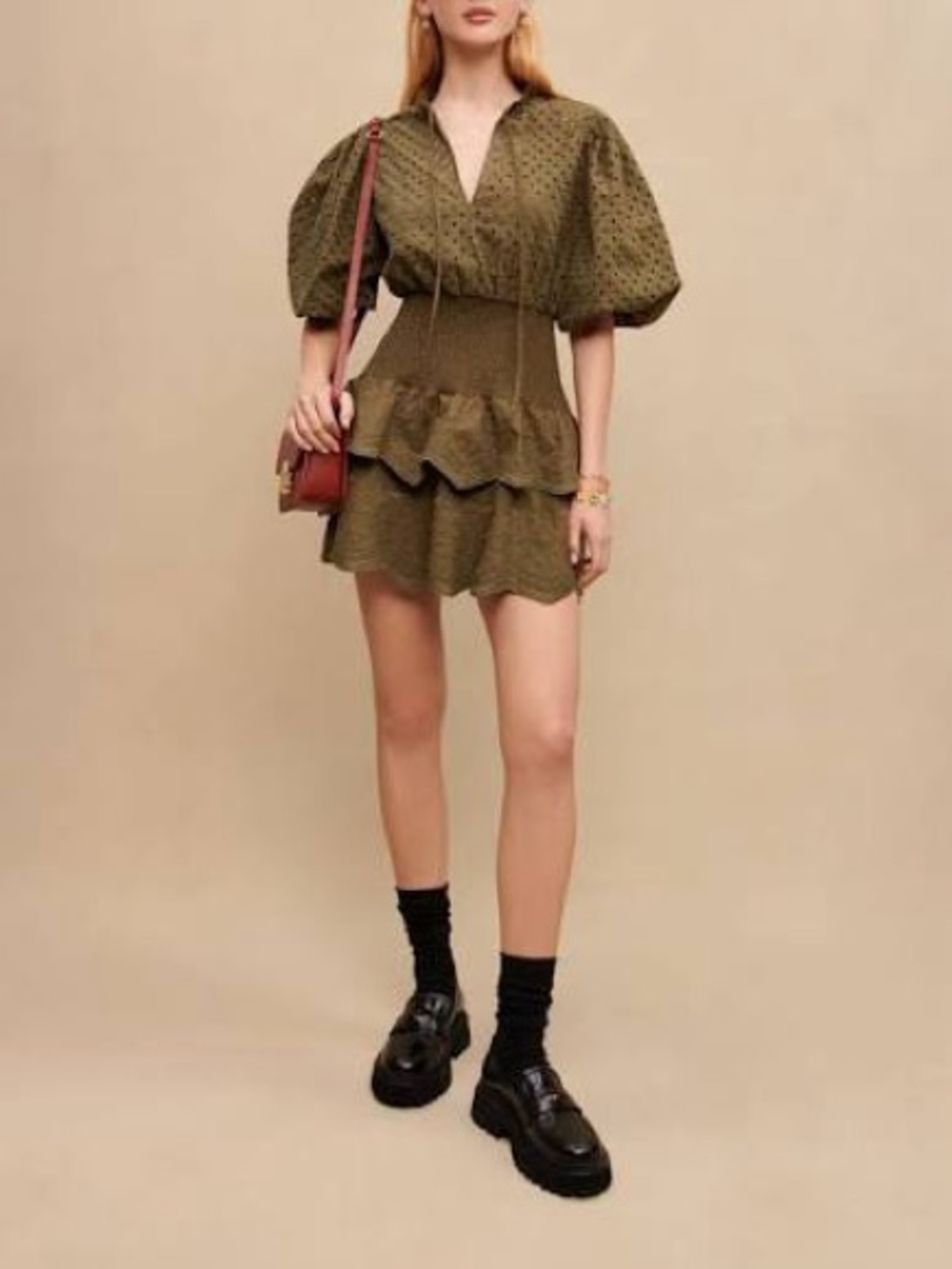 Maje Olive Eyelet Puff-Sleeve Mini Dress